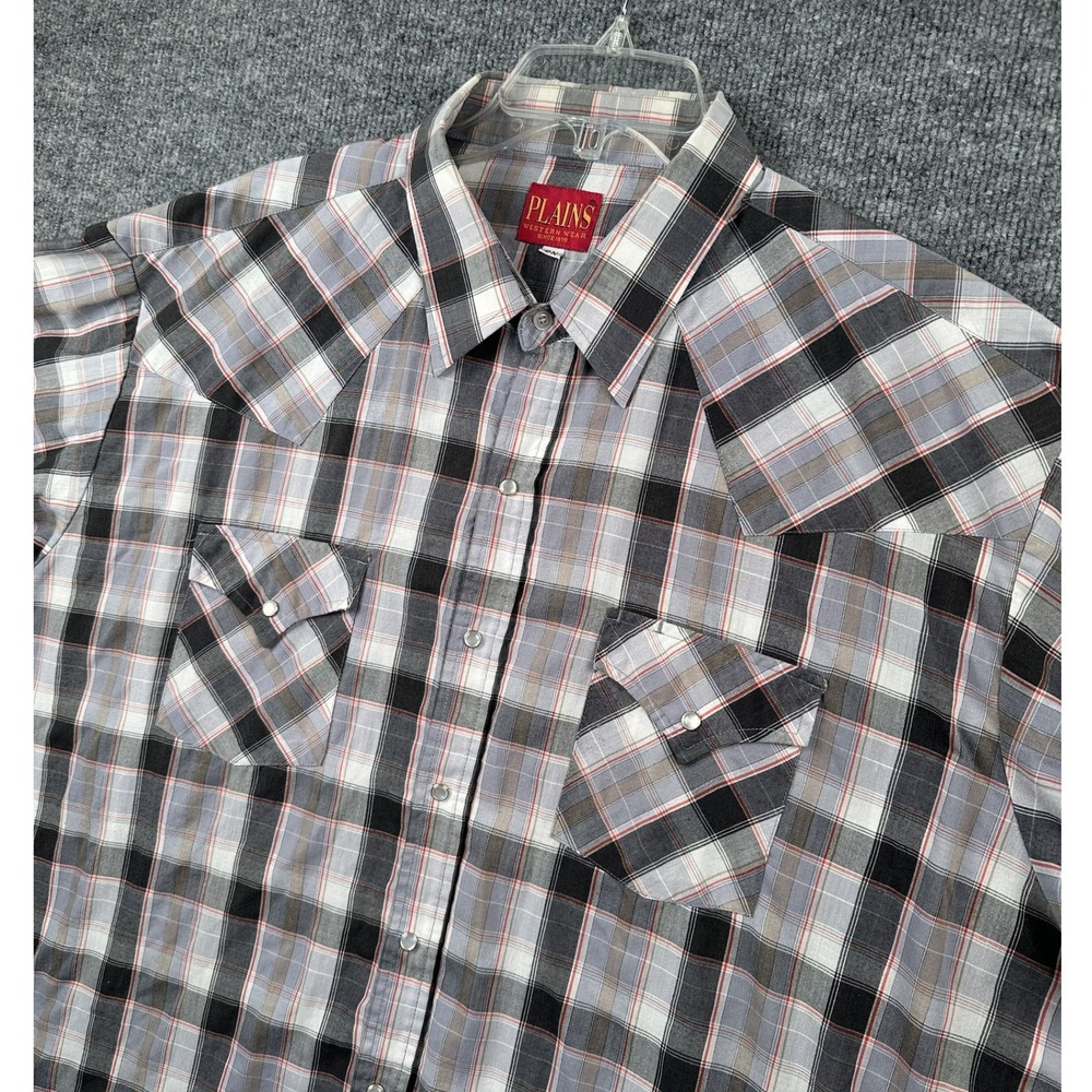 Plains Western Wear Mens 2X Gray Plaid Short Sleeve Pearl Snap Shirt Cowboy